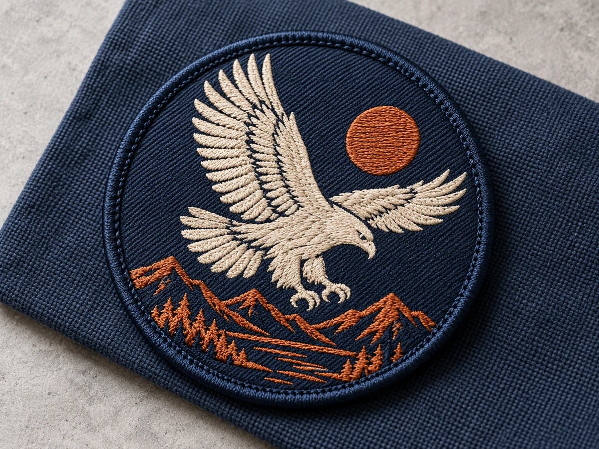 Illustrative embroidered eagle patch with visible satin stitches and a merrowed edge
