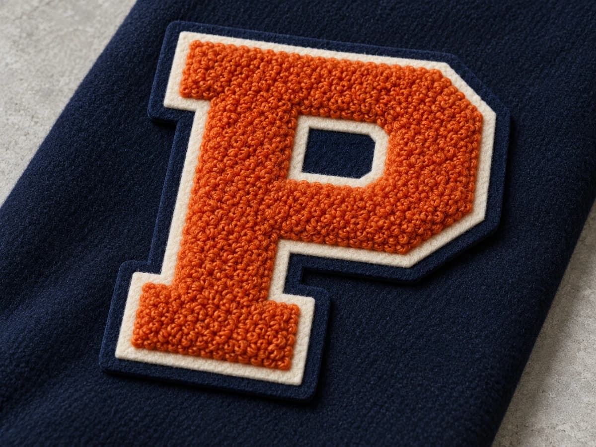 Illustrative orange varsity P patch with plush chenille loops and an ivory felt outline