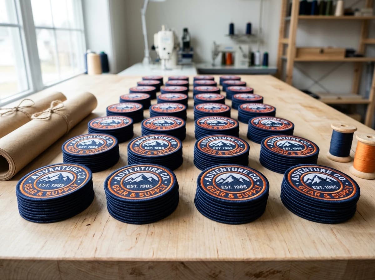 Neat batch stacks of identical finished custom embroidered patches arranged in a workshop setting ready for packaging