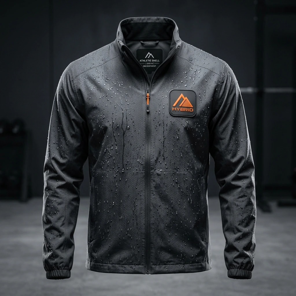 Grey technical jacket with a small matte molded silicone-style chest emblem