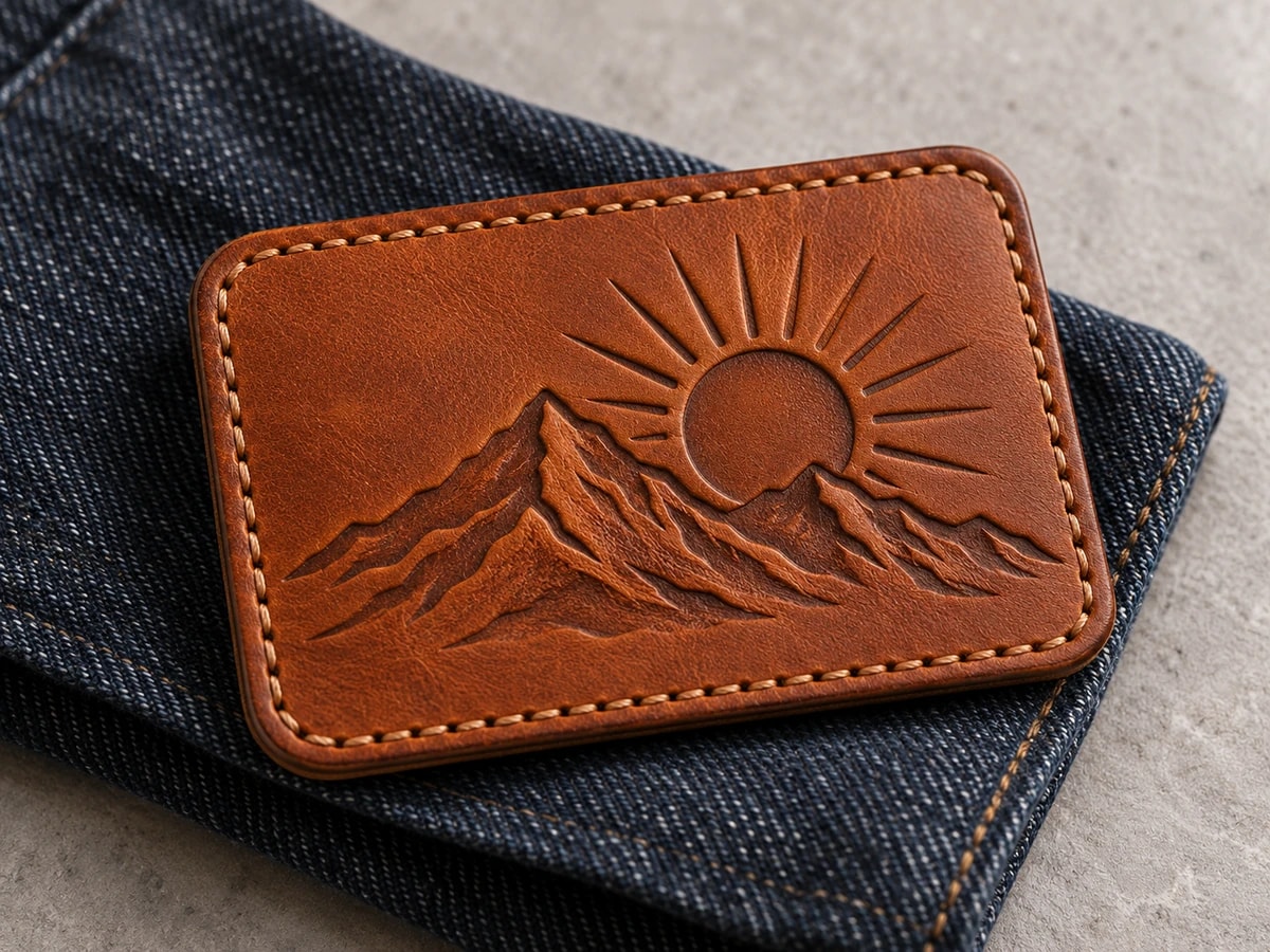 Illustrative cognac leather patch with a debossed mountain emblem and tan edge stitching