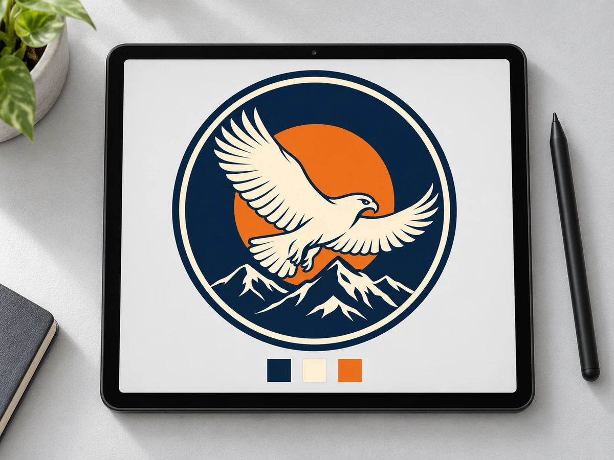 Illustrative tablet displaying the same circular eagle patch as flat navy, ivory and orange artwork