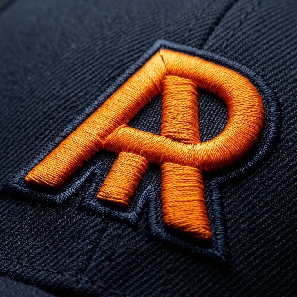Raised orange letter embroidery showing rounded dimensional thread relief