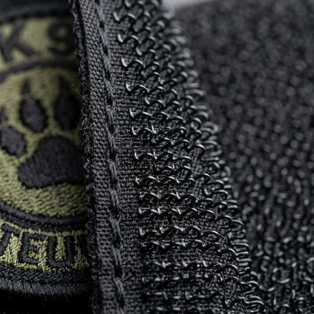 Extreme macro photograph of heavy-duty molded micro-hook backing with perimeter stitch