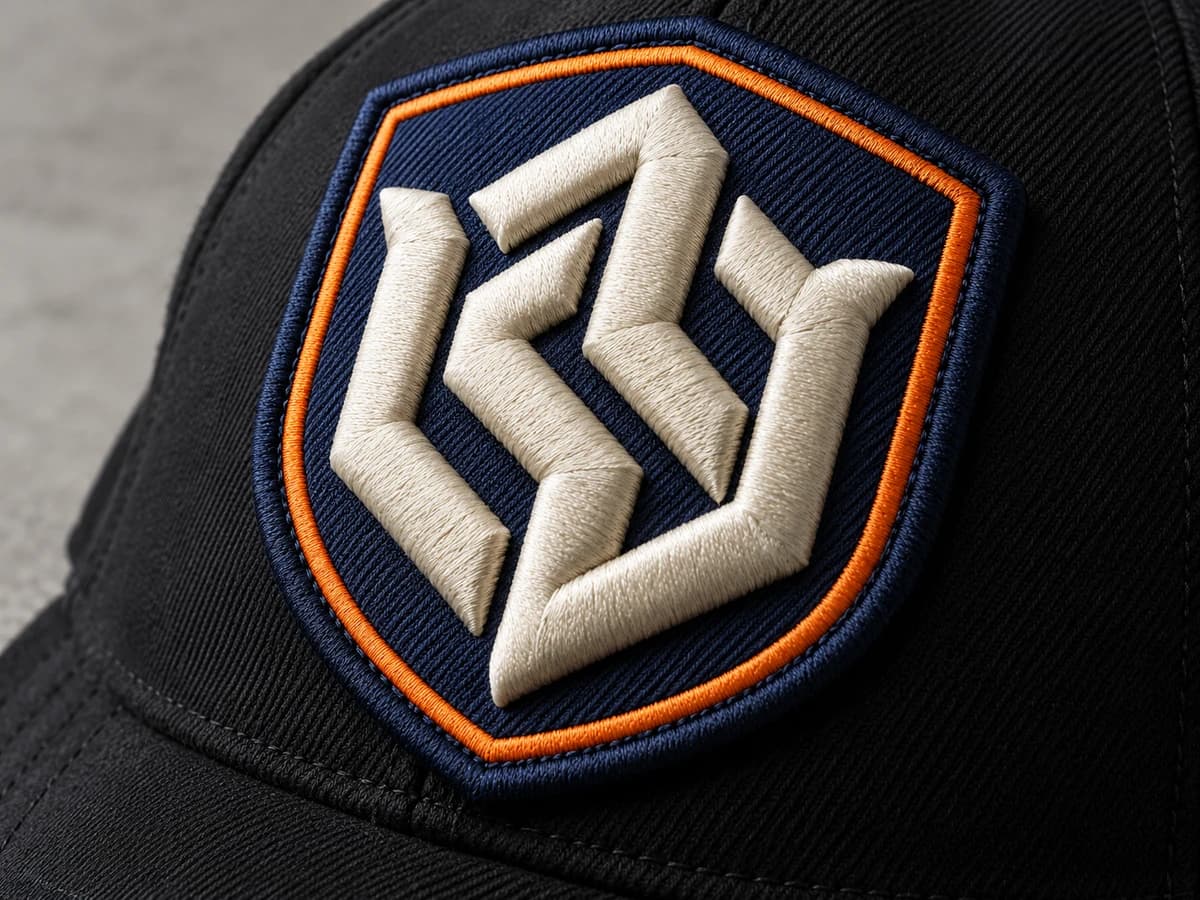 Illustrative 3D puff embroidered geometric emblem with raised padded satin stitches