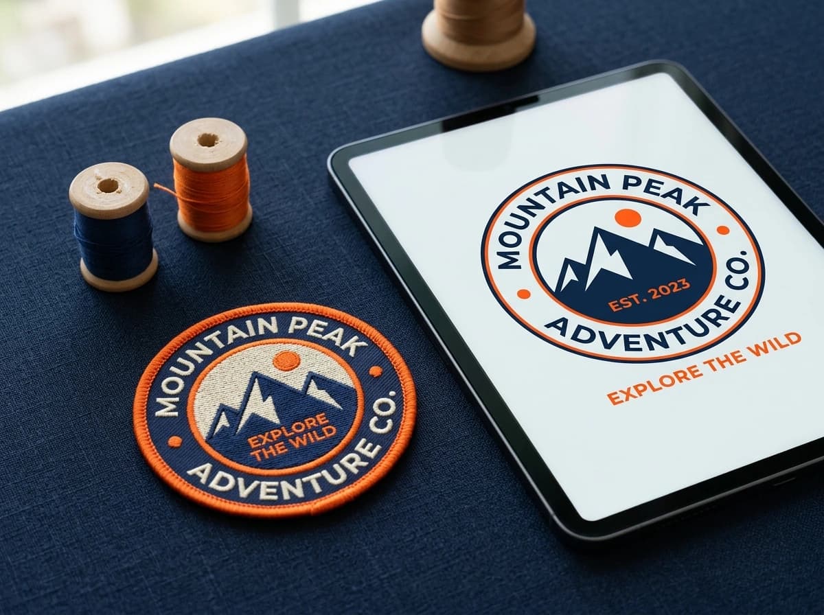 Clean digital proof mockup on a modern tablet display beside a matching finished embroidered patch sample with navy and orange thread layout