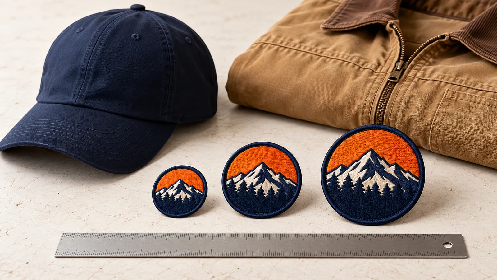 Illustrative sample mockup of patch sizing relative to cap, jacket, and ruler