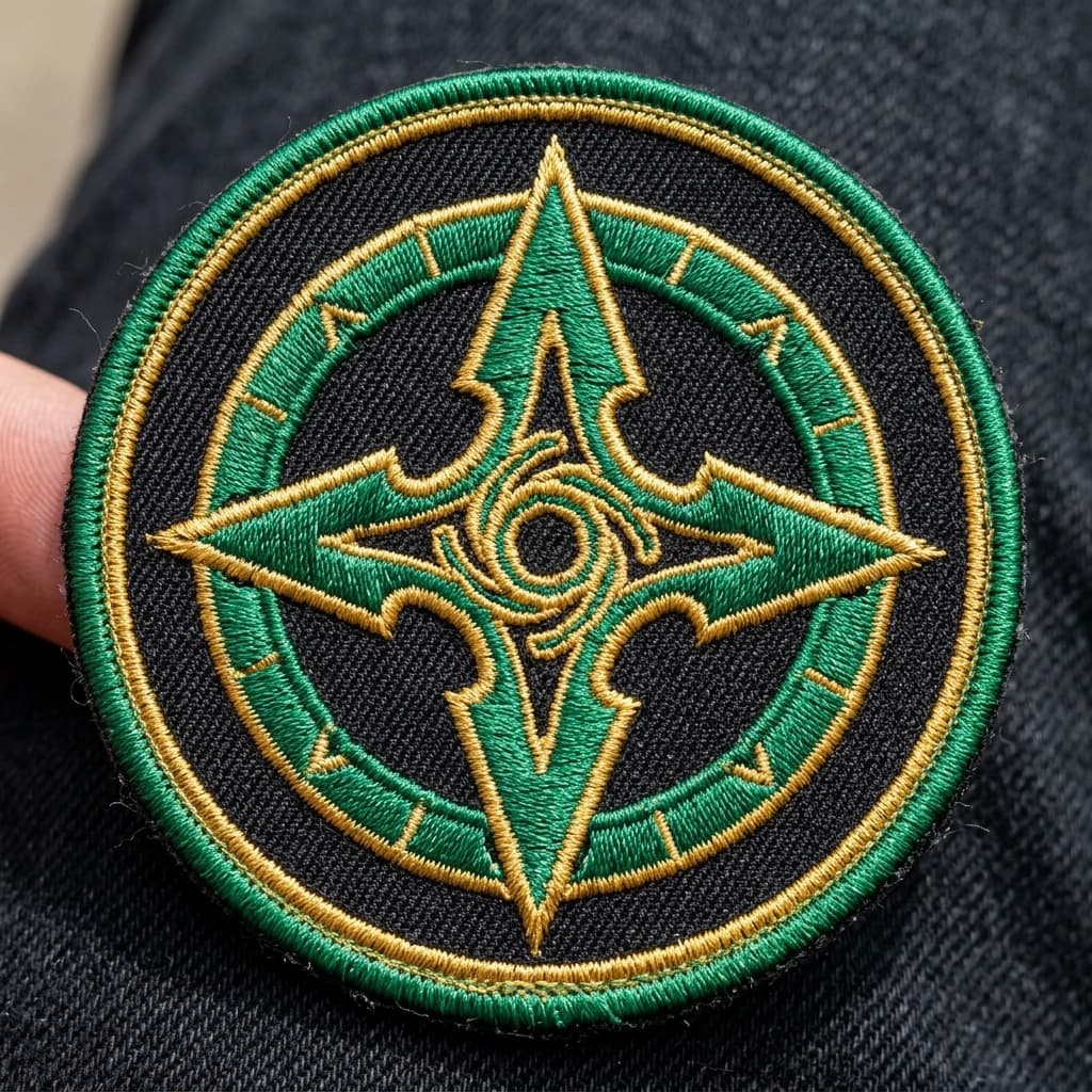 Green and gold compass patch with conventional embroidery on a twill base