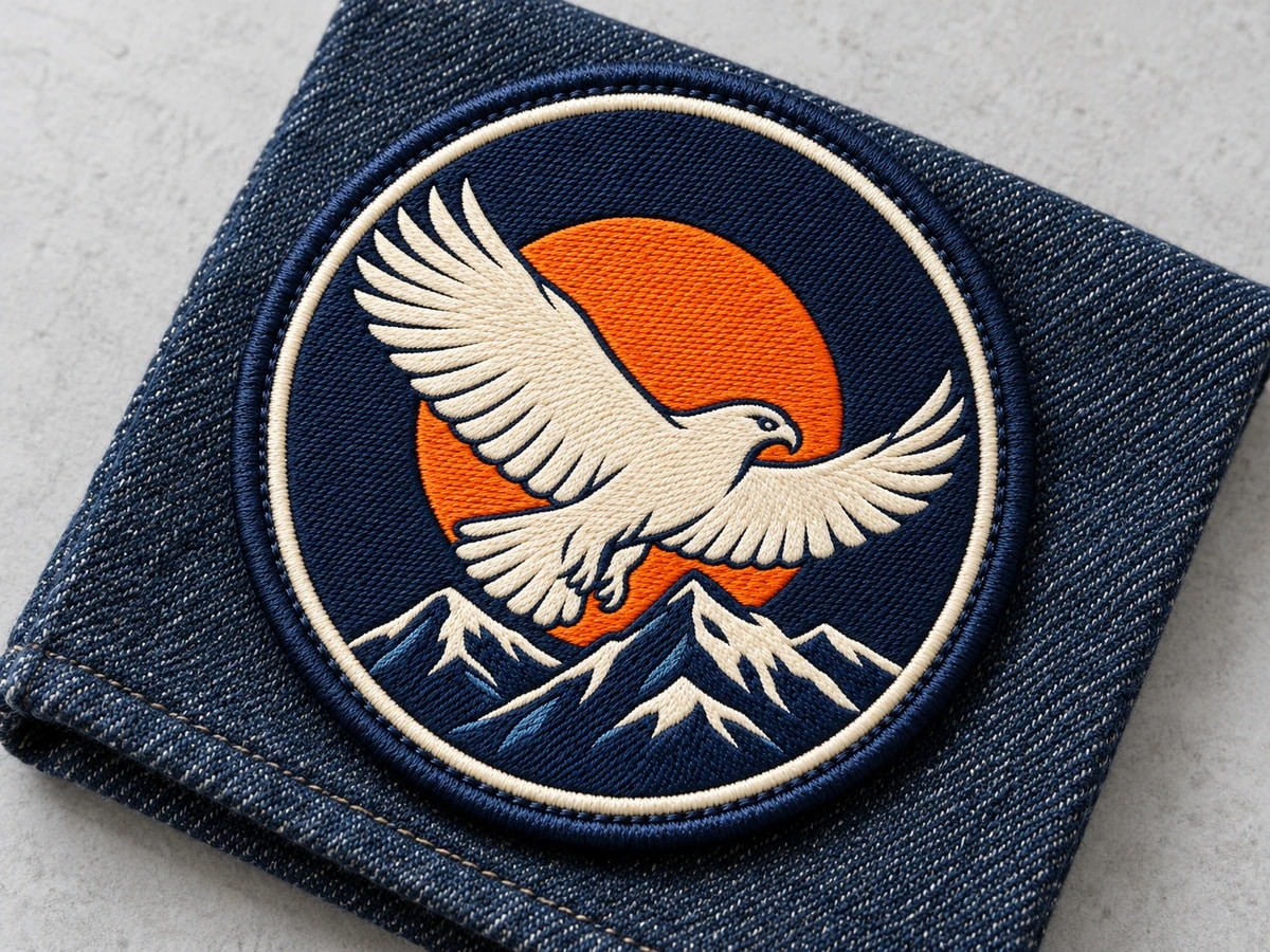Illustrative finished embroidered eagle patch with ivory thread and an orange sun on indigo denim