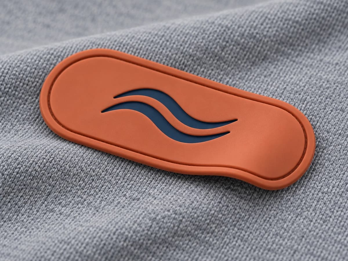 Illustrative terracotta silicone patch showing a thin flexible profile and recessed wave mark