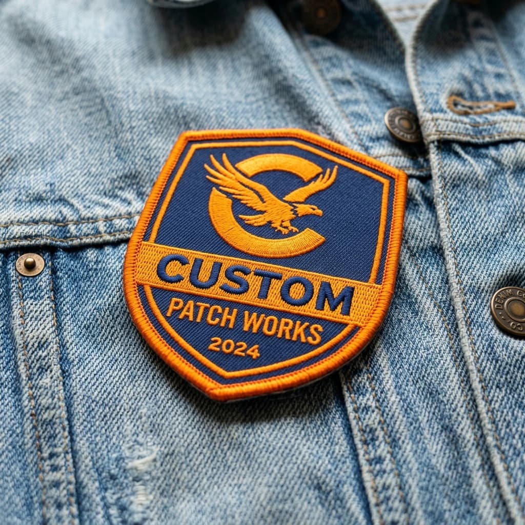 Iron-on patch positioned on denim fabric