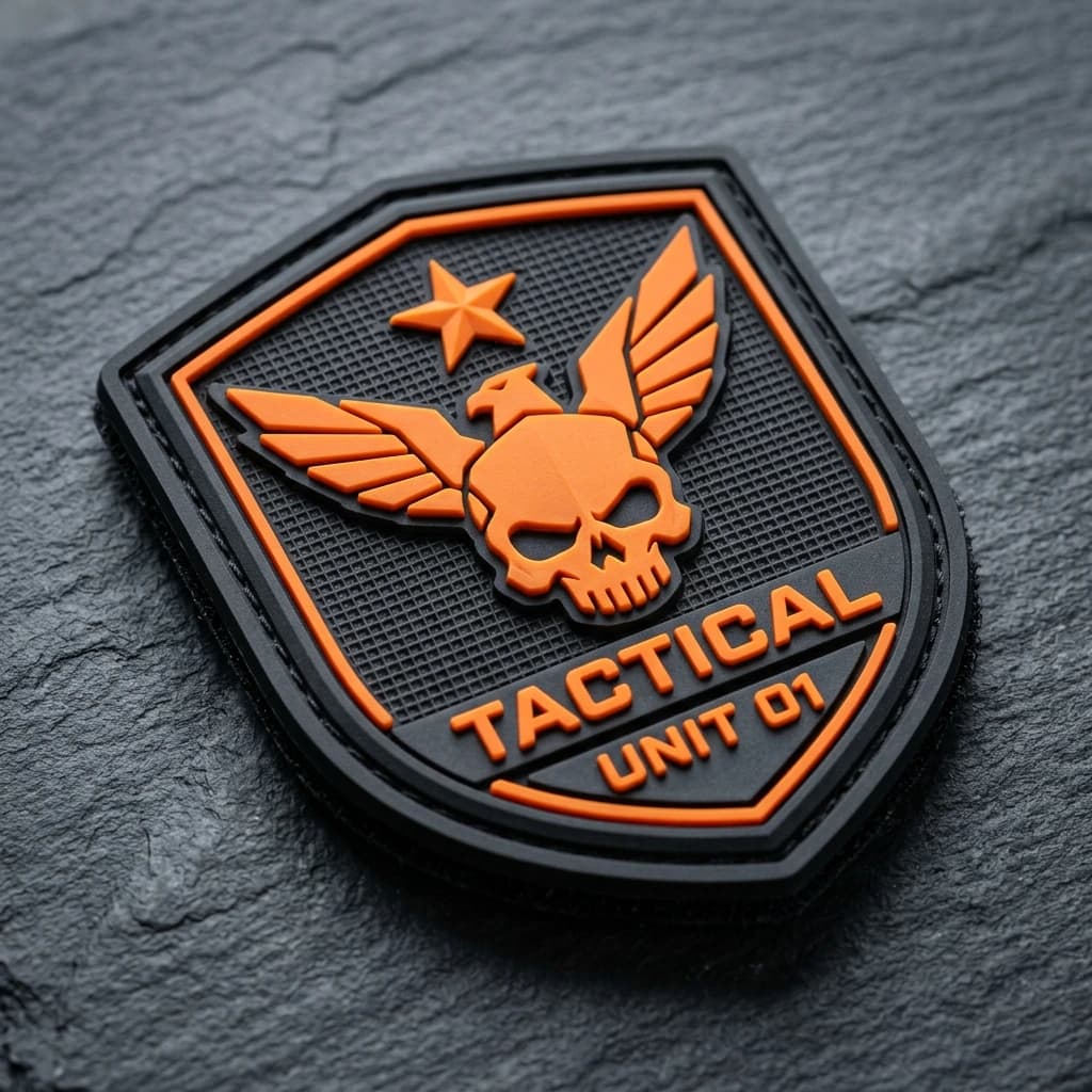 Shield-shaped PVC patch with orange raised molded artwork