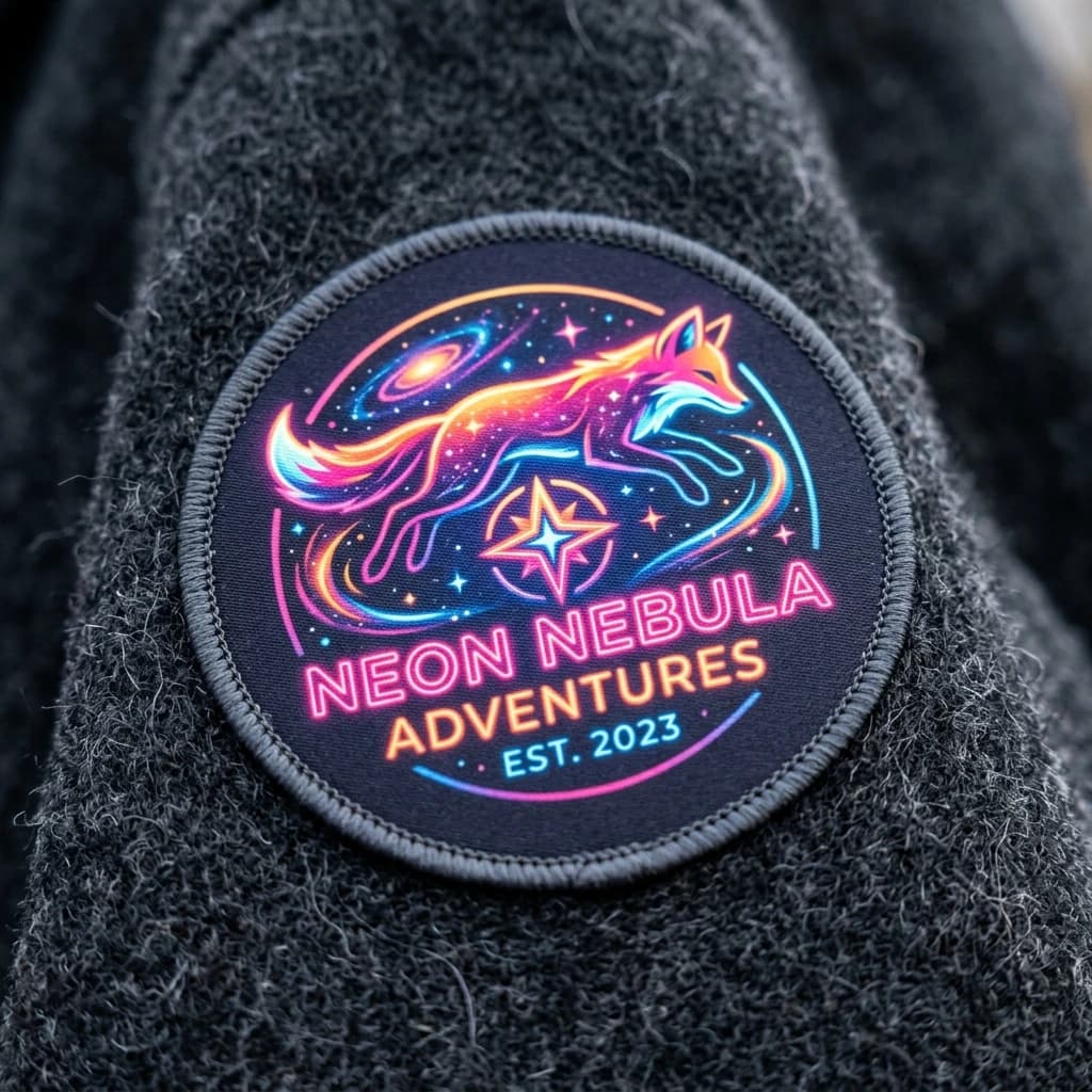 Printed neon space illustration on a smooth round fabric patch