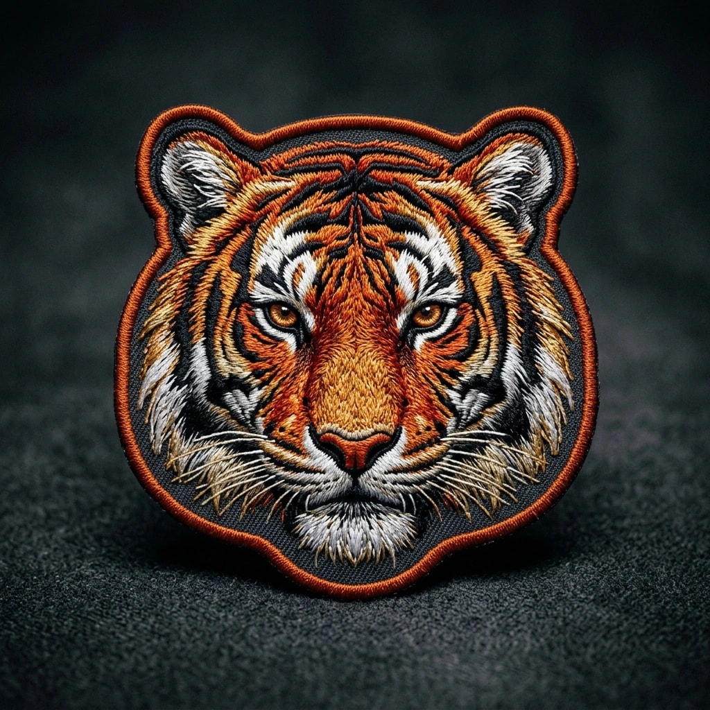 Tiger-shaped embroidered patch with detailed thread stitching