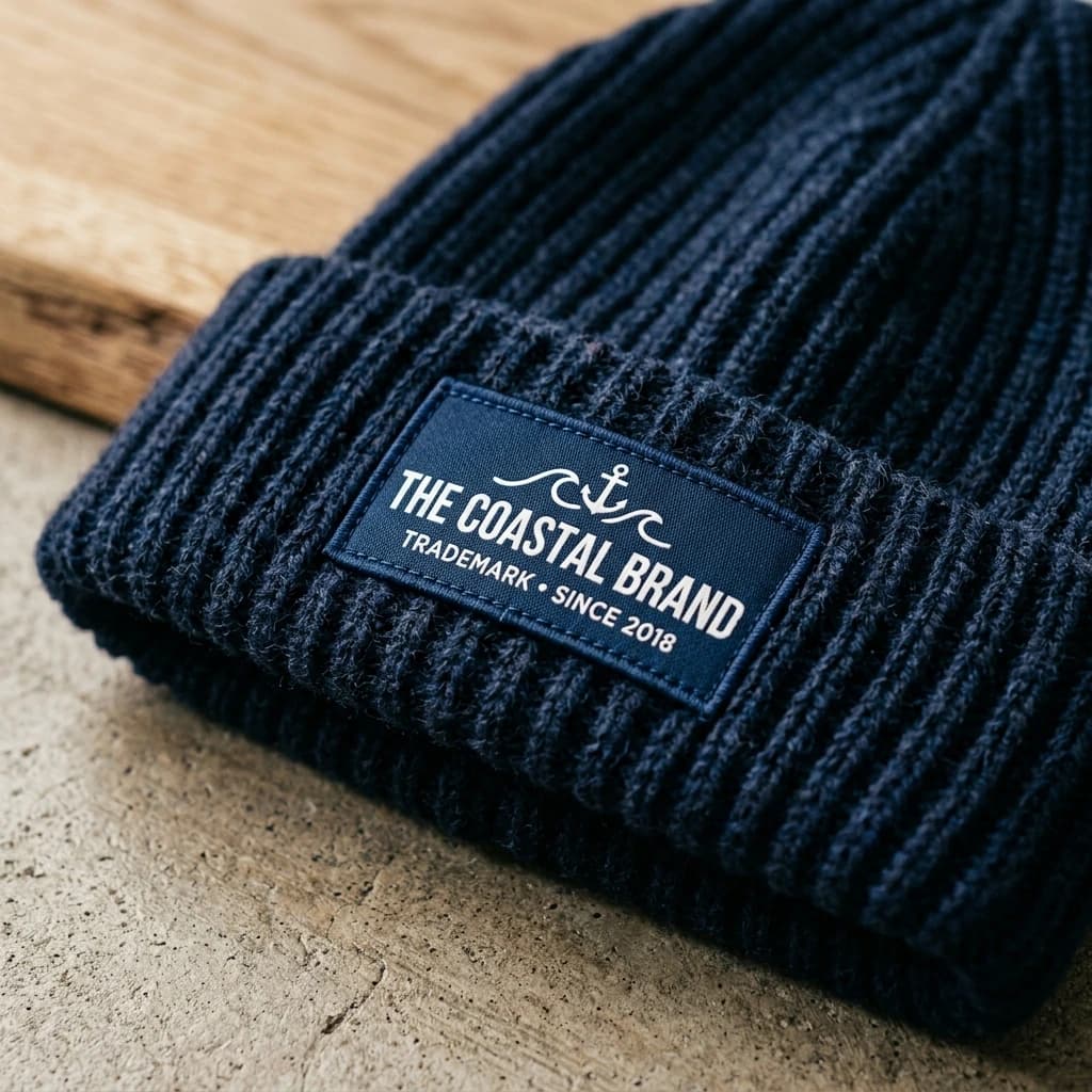 Small flat woven brand label patch sewn onto a navy knit beanie