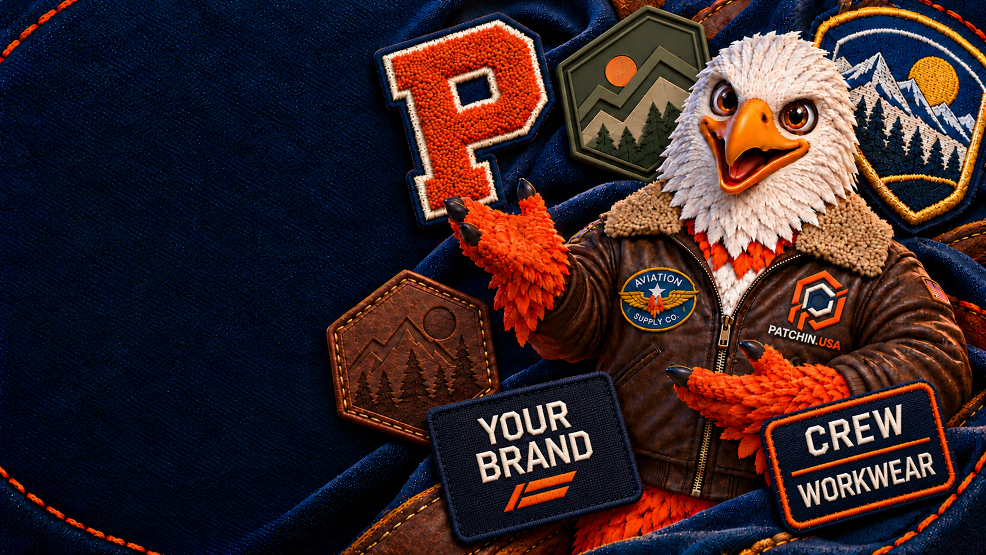PatchInUSA aviator eagle mascot surrounded by embroidered, PVC, leather and chenille patches